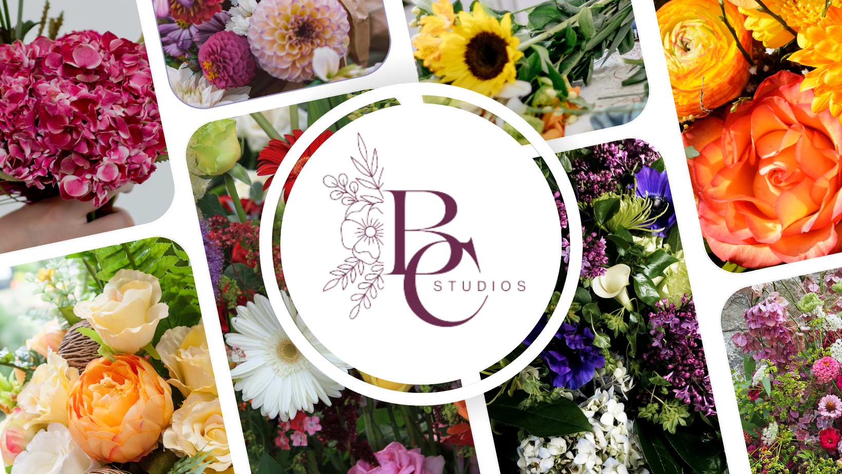 A collage of different types of flowers with a logo in the middle.