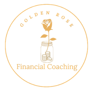 a logo for golden rose financial coaching with a rose in a jar of coins