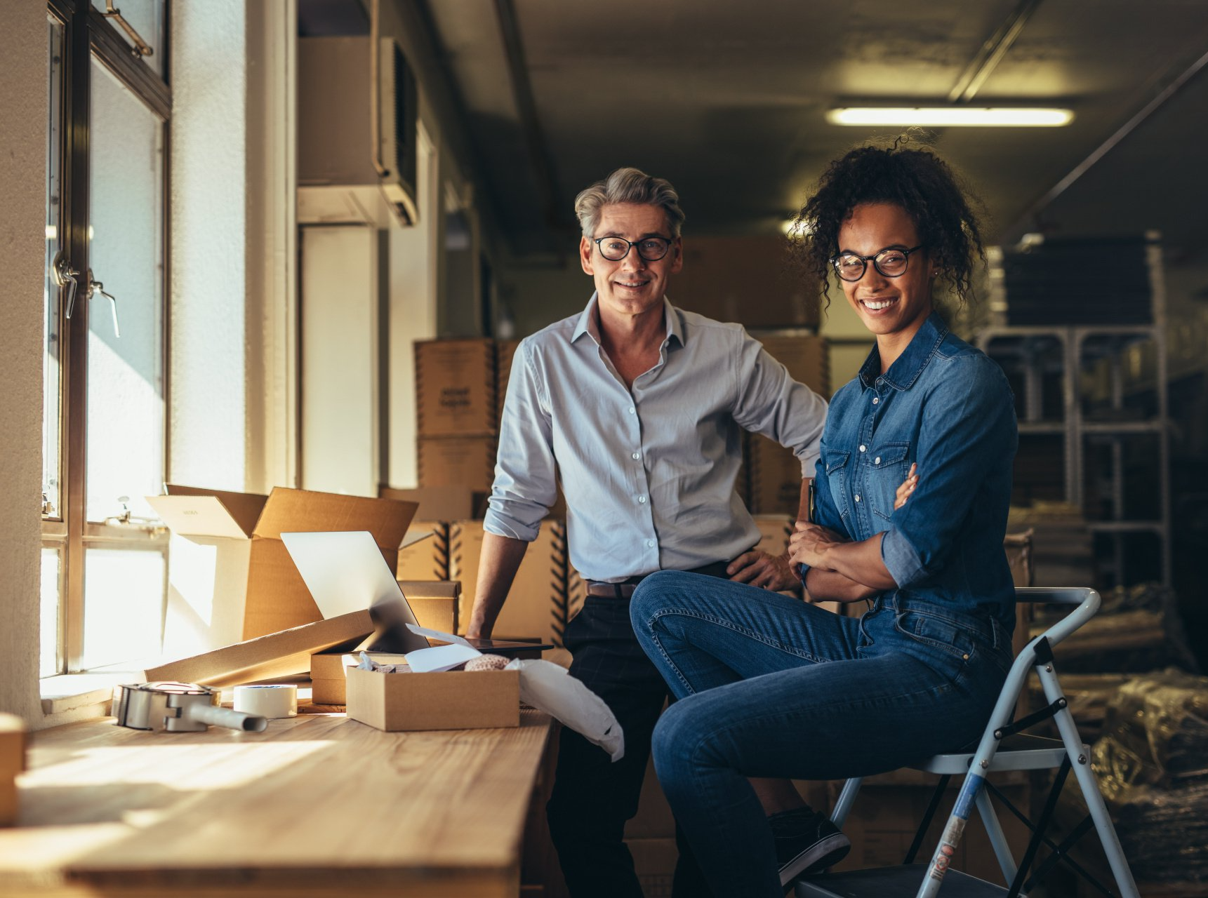 A man and a woman are sitting next to each other in a warehouse.