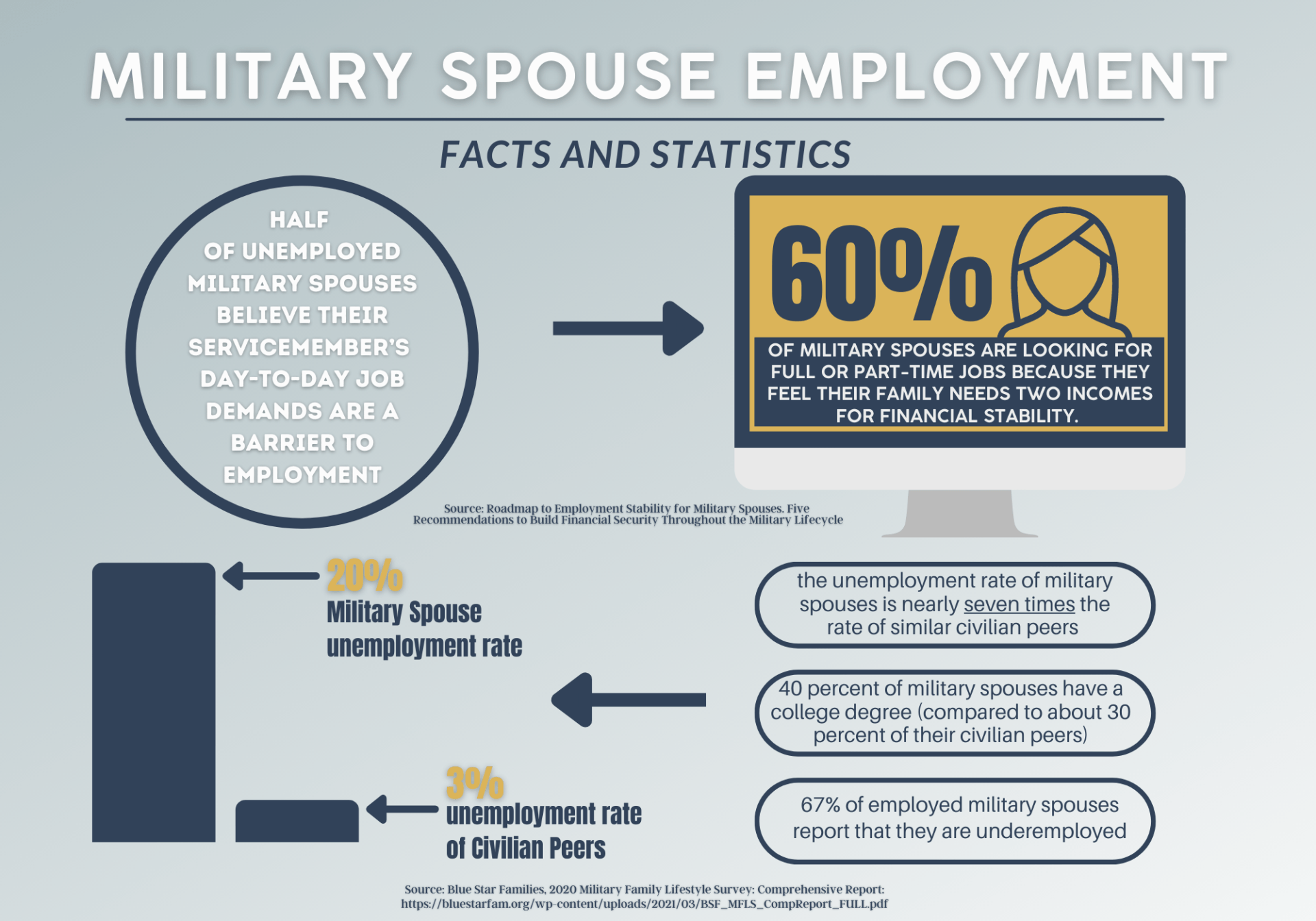 An infographic about military spouse employment facts and statistics.