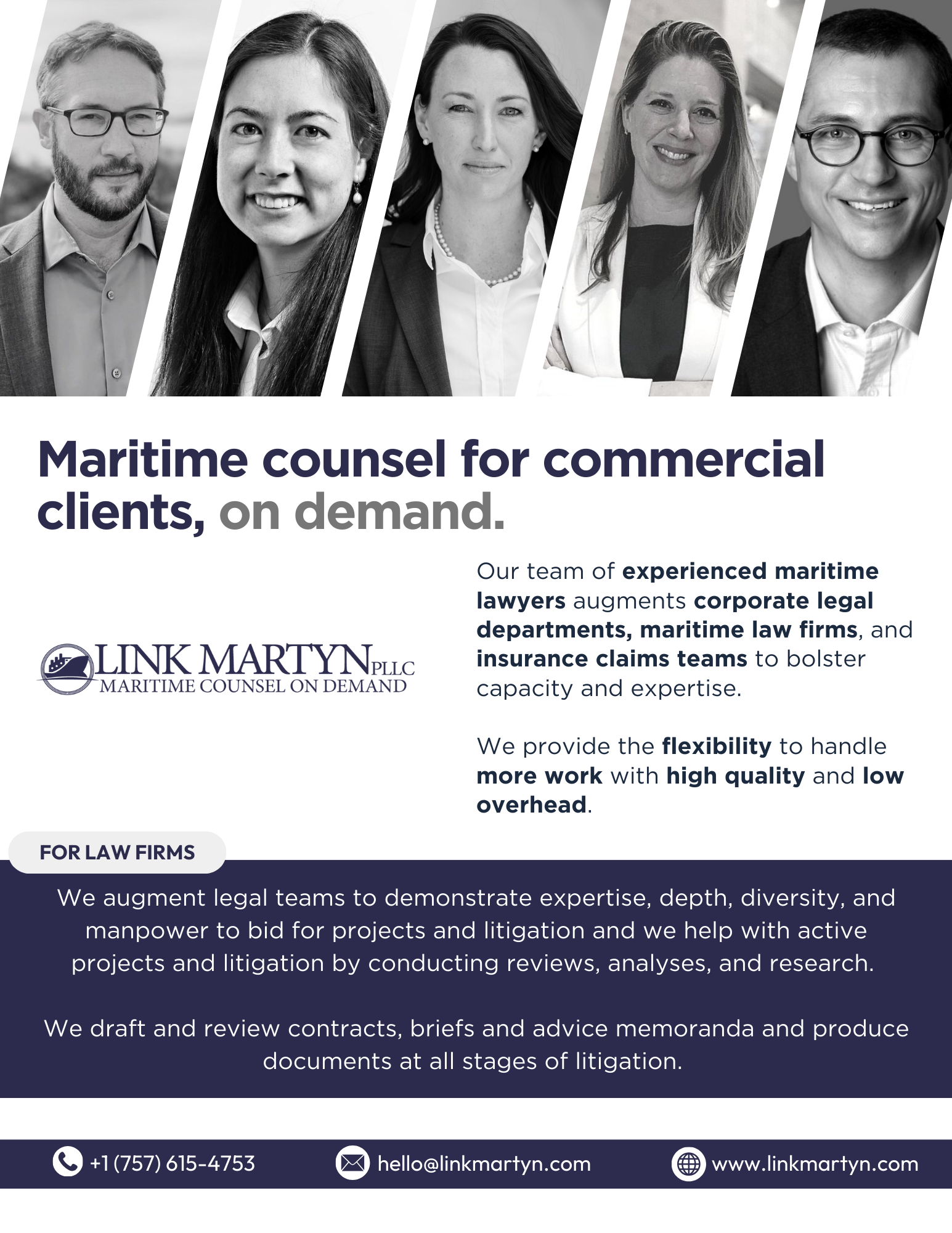 A flyer for maritime counsel for commercial clients on demand.