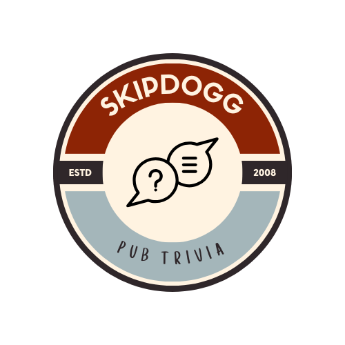 A logo for skipdogg pub trivia with two speech bubbles and a question mark.