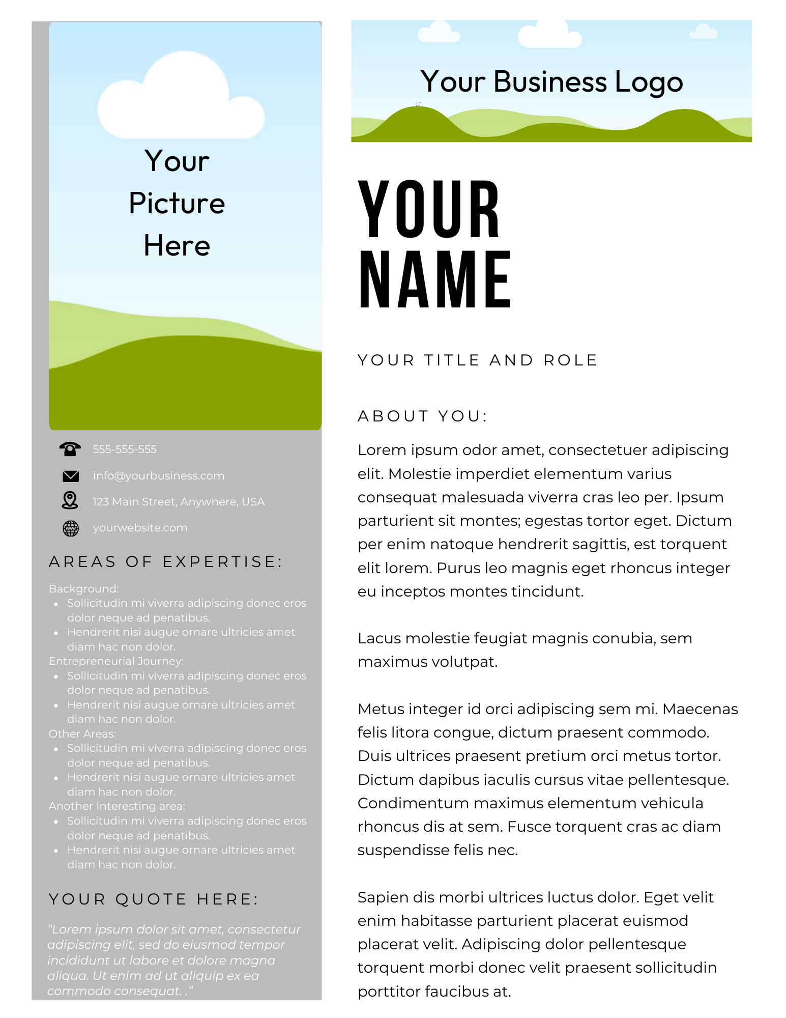 A resume with a picture of a mountain and a cloud on it.