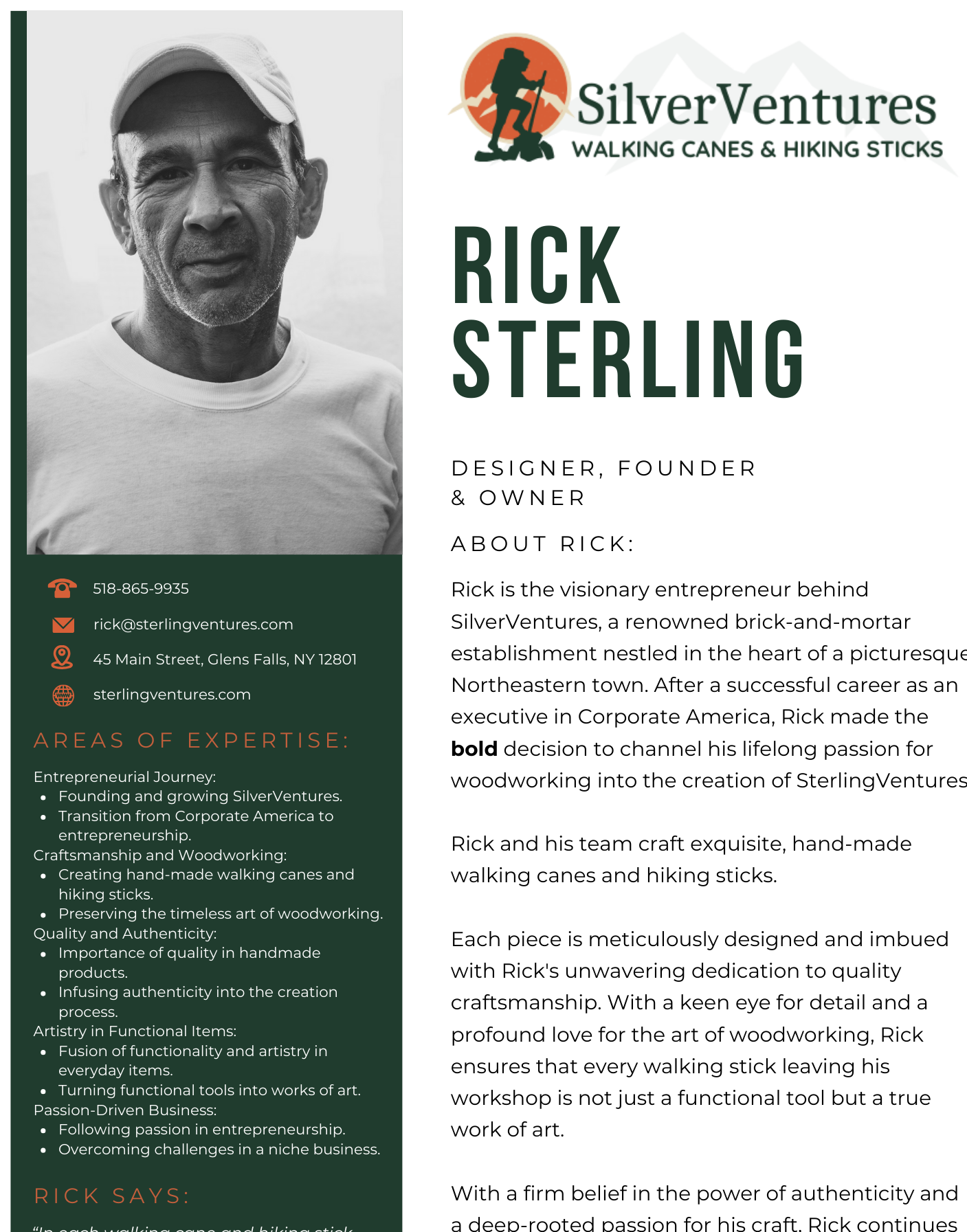 A flyer for rick sterling with a picture of a man on it.