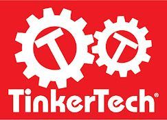 A logo for tinkertech with two gears on a red background.