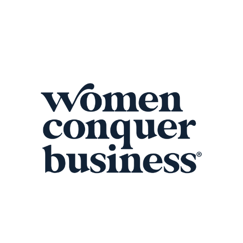 The logo for women conquer business is a black logo on a white background.