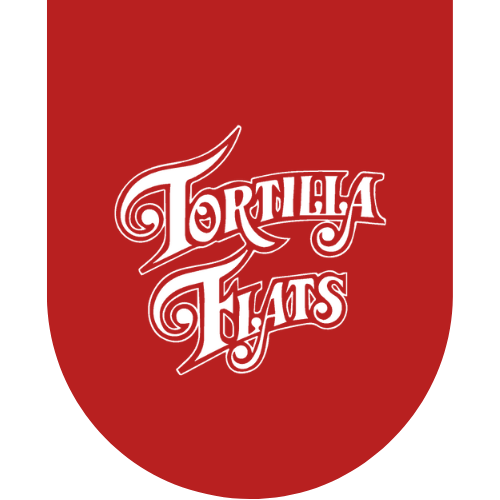 The logo for tortilla flats is on a red background