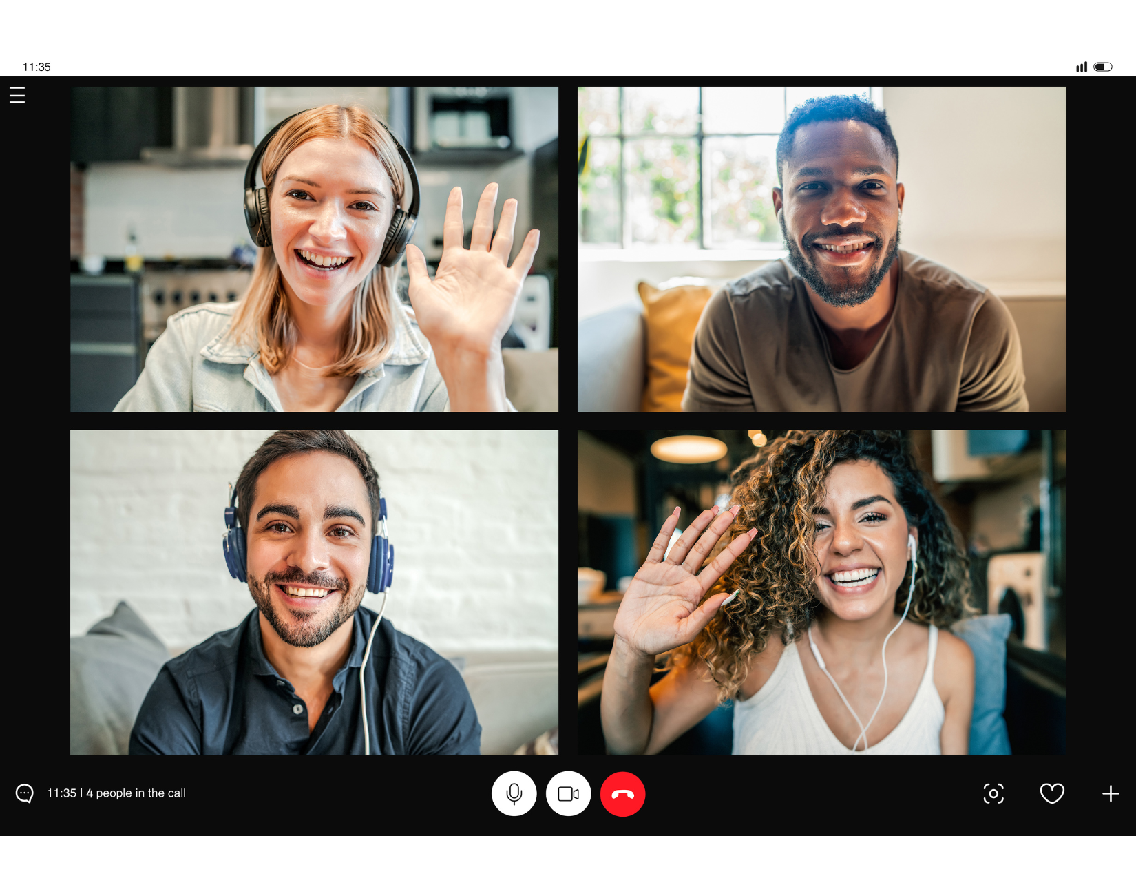 A group of people are having a video call on a tablet.