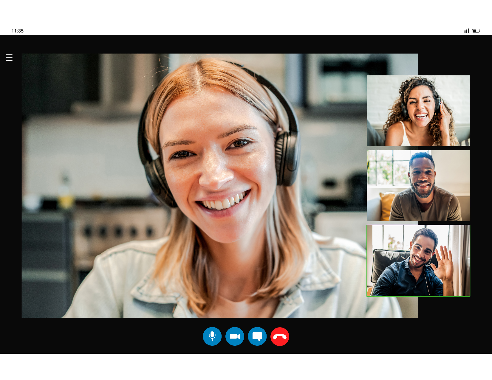 A woman wearing headphones is having a video call with three other people.