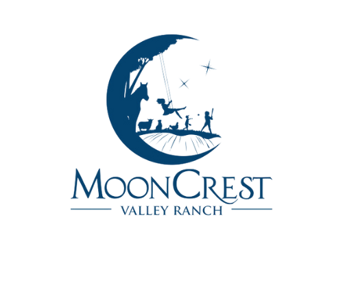 A logo for mooncrest valley ranch with a crescent moon and people on a swing.