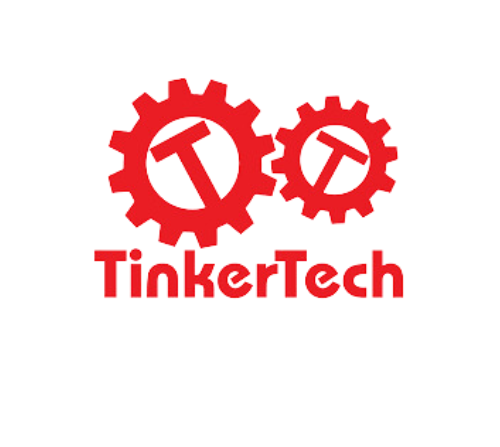 A tinkertech logo with two red gears on a white background