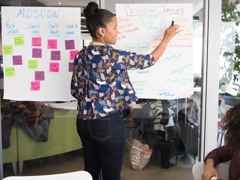 A woman sketches out plans on a white  board.