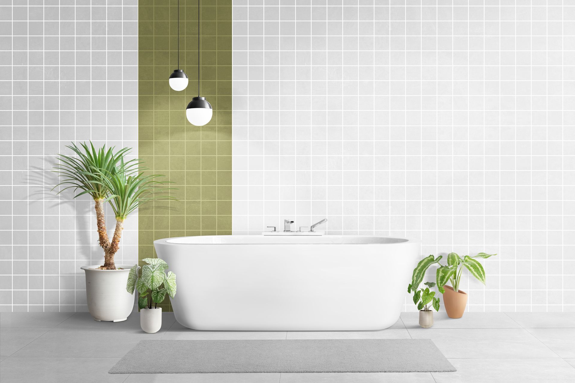A bathroom with a bathtub , potted plants , and white tiles.