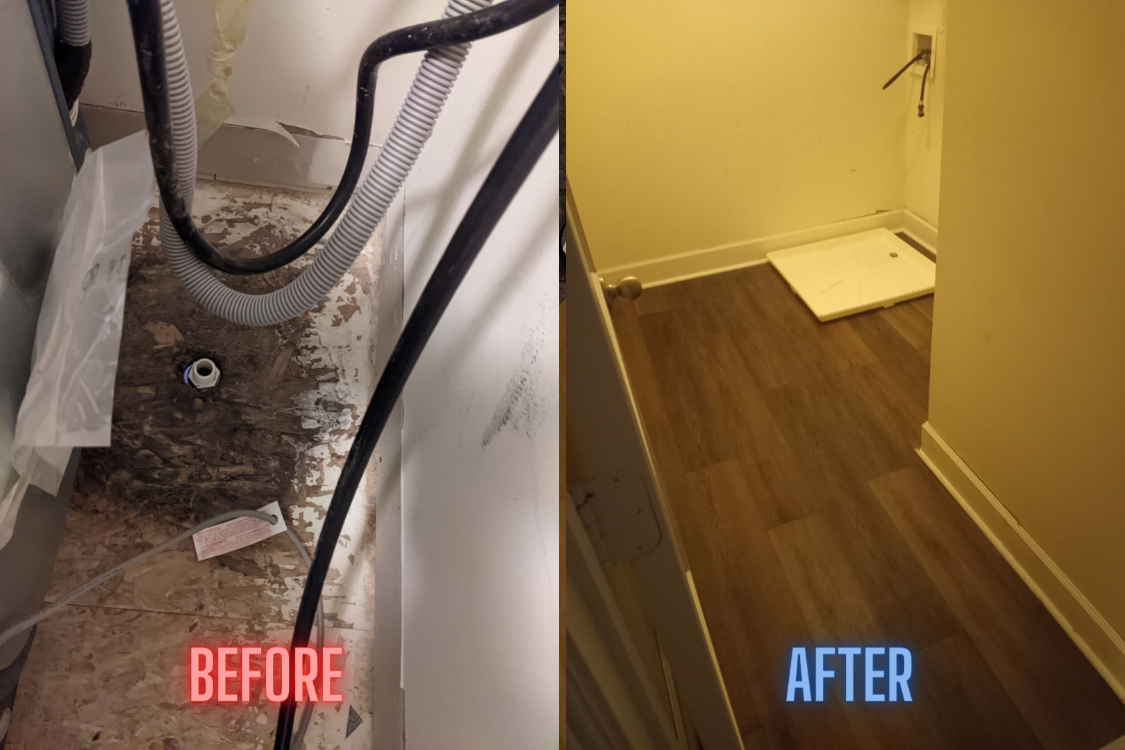 A before and after photo of a dirty room and a clean room.