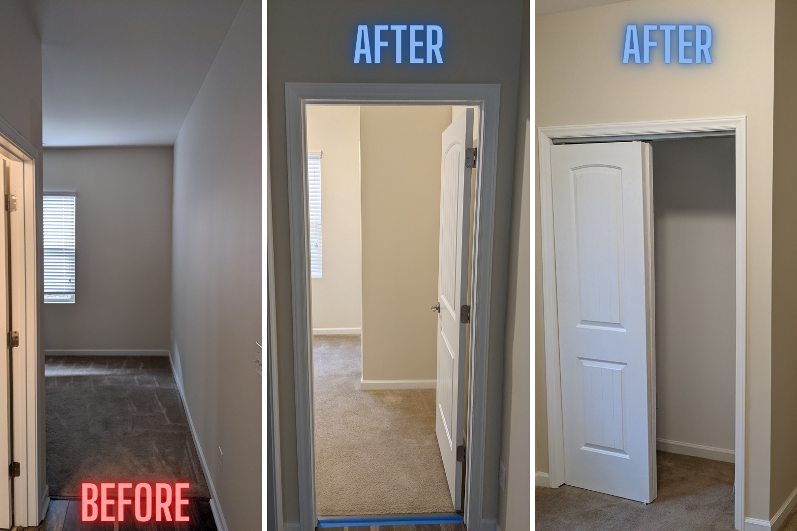 Three pictures of a hallway before and after being remodeled.