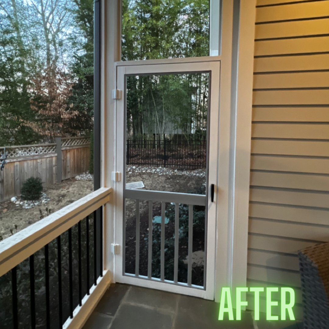 A picture of a screened in porch with the words after below it
