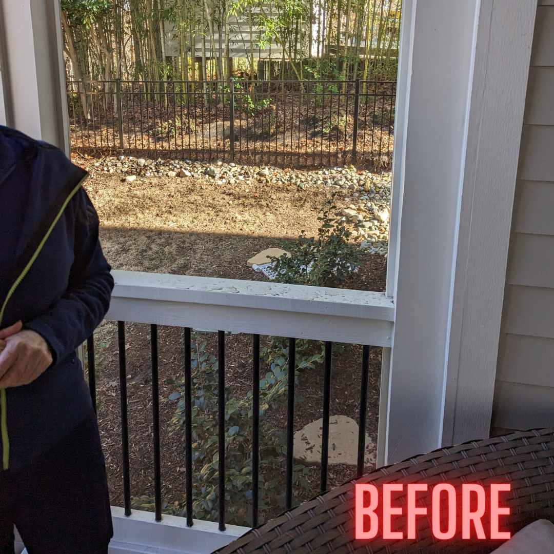 A before photo of a woman standing on a porch