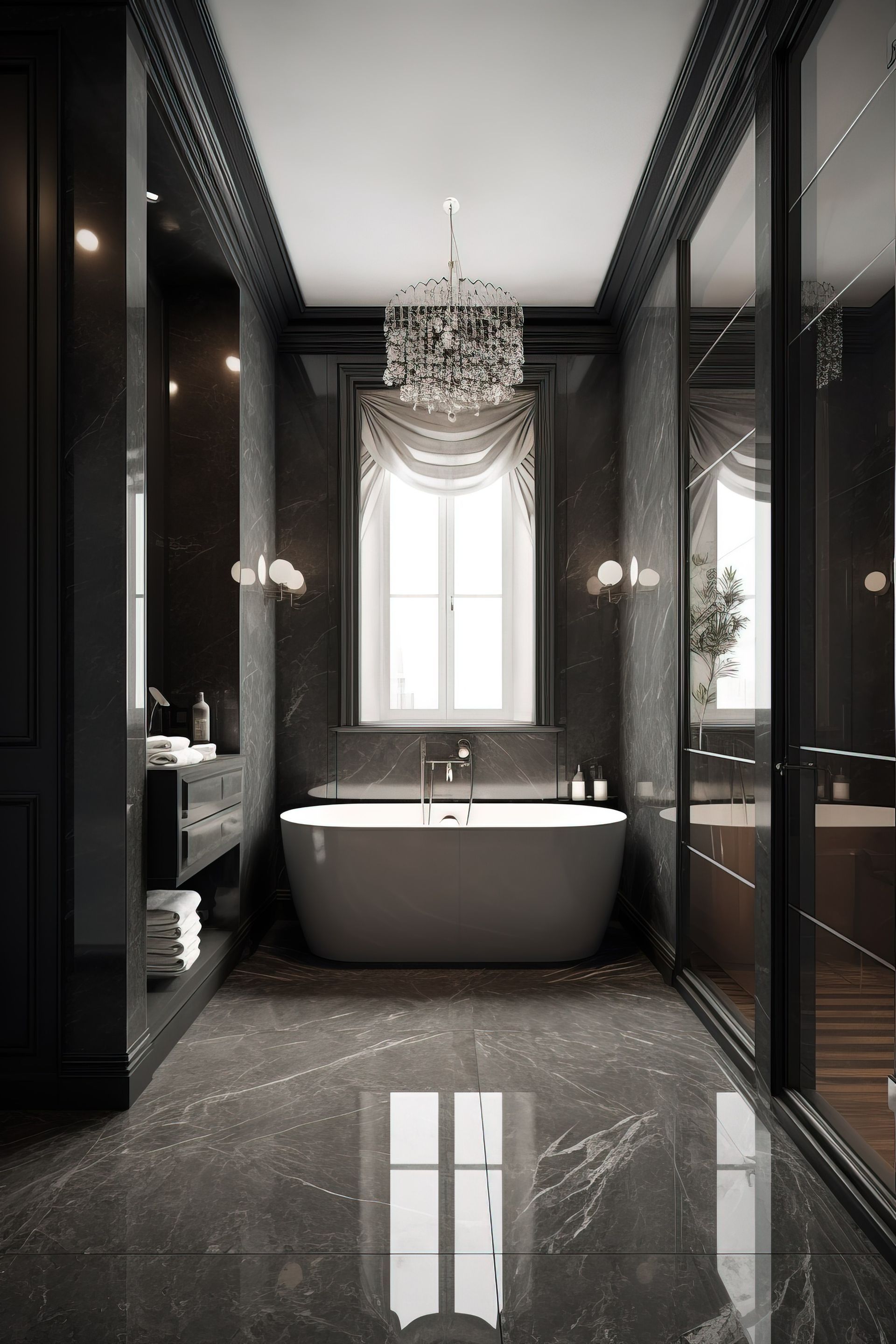 luxury bathroom dark gray white colors glossy marble