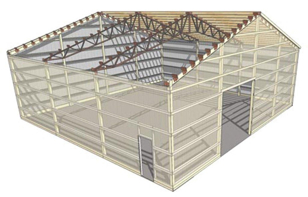A 3d model of a building with a roof and a door.