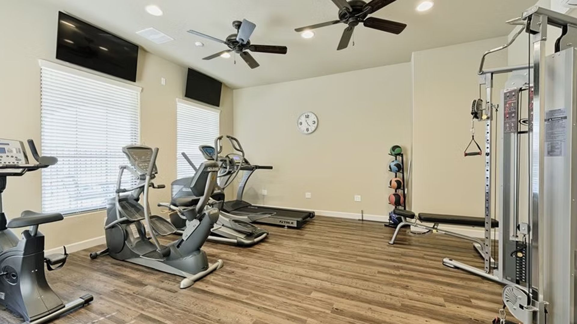 Gym interior with treadmills, elliptical, weight machine, and ceiling fans.
