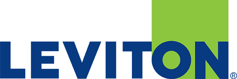 Leviton logo with blue text and a green square.