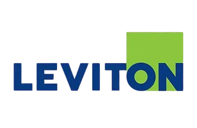 Leviton logo: dark blue text with green square in the upper right.