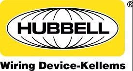 Hubbell Wiring Device-Kellems logo: Black text on a yellow background, inside a white oval with arched lines.