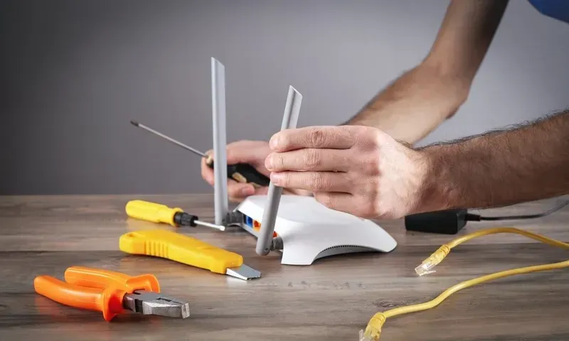 Person Assembling a White Router With Tools on a Wooden Surface — Superior Wifi in Ballina, NSW