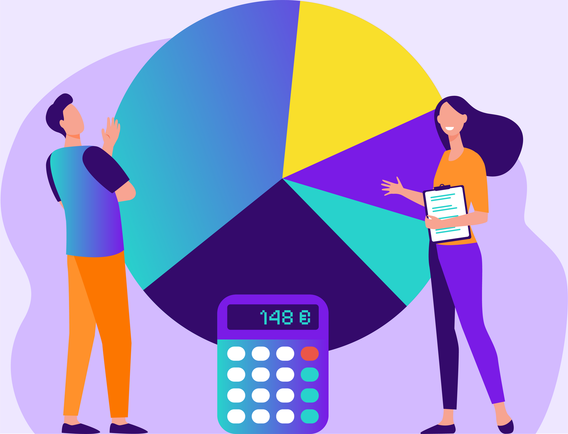 Un homme et une femme se tiennent à côté d'un graphique à secteurs et d'une calculatrice.