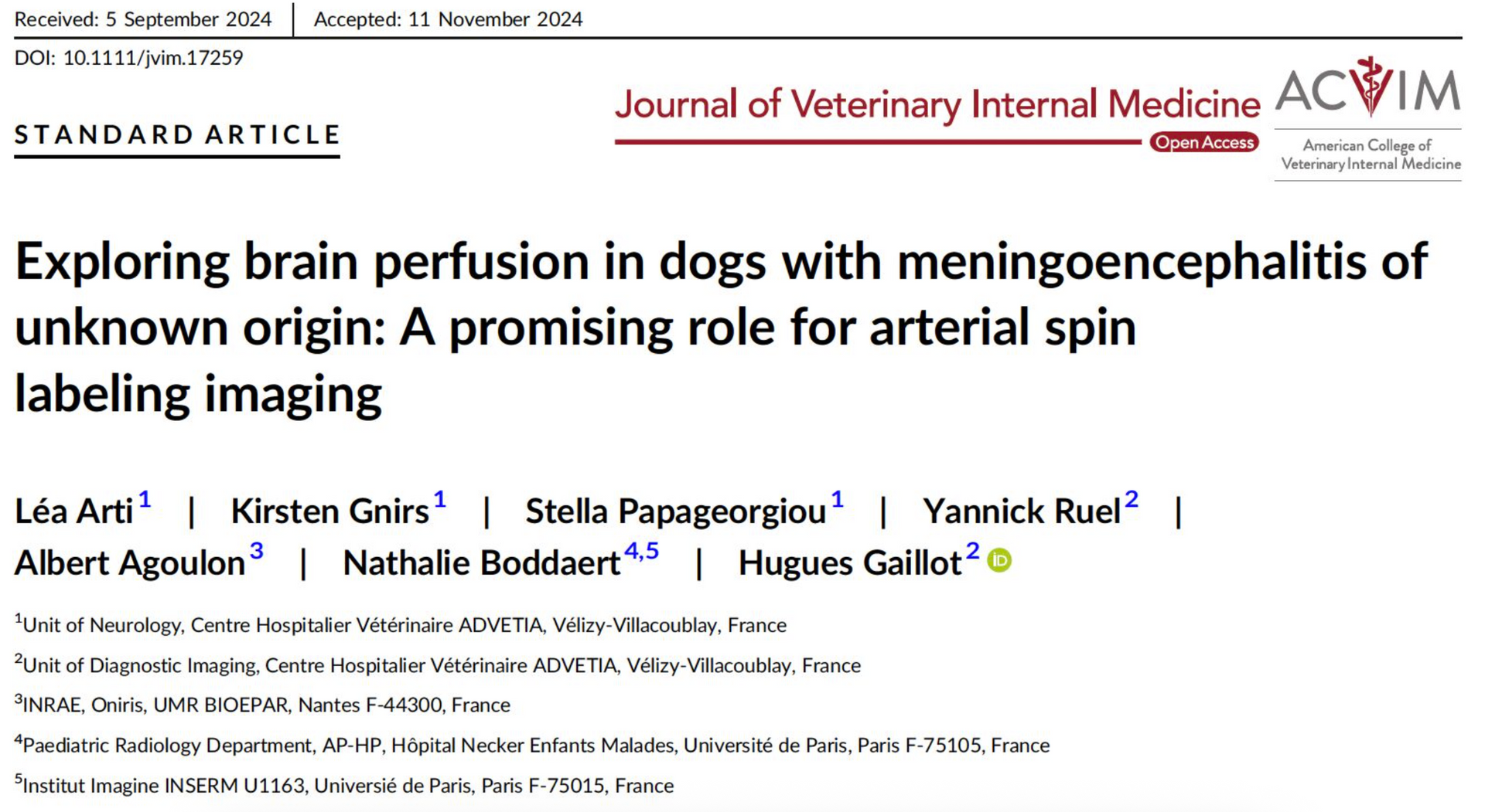 Un article intitulé « Exploration de la perfusion cérébrale chez les chiens atteints de méningo-encéphalite d'origine inconnue »