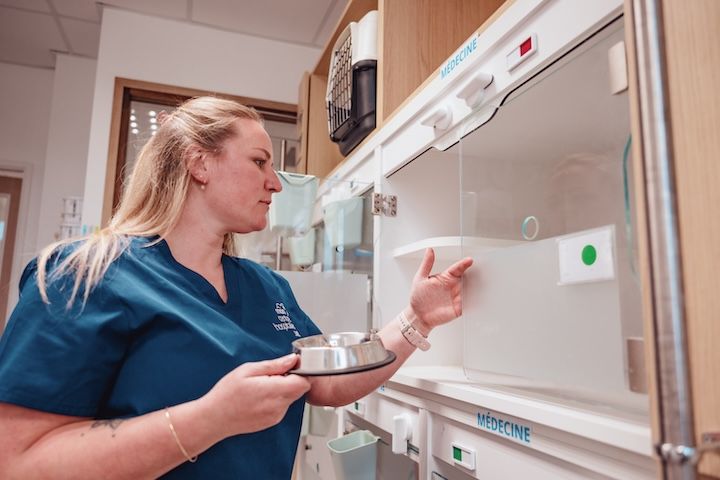 Une femme vétérinaire en blouse bleue regarde une machine dans un laboratoire.