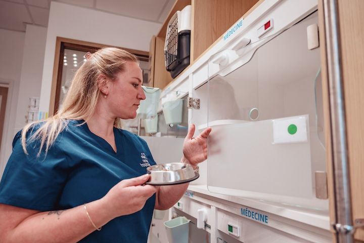 Une femme en blouse bleue regarde un plateau dans une cuisine.