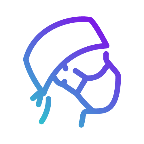Un dessin au trait d'un chirurgien portant un masque et un chapeau.