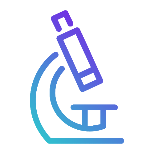 Une icône de microscope bleu et violet sur fond blanc.
