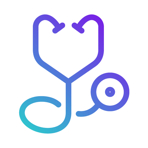 Une icône de stéthoscope bleu et violet sur fond blanc.