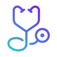 Une icône de stéthoscope bleu et violet sur fond blanc.