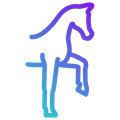 Un dessin bleu et violet d'un cheval sur fond blanc.