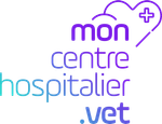 A purple and blue logo for mon centre hospitalier vet
