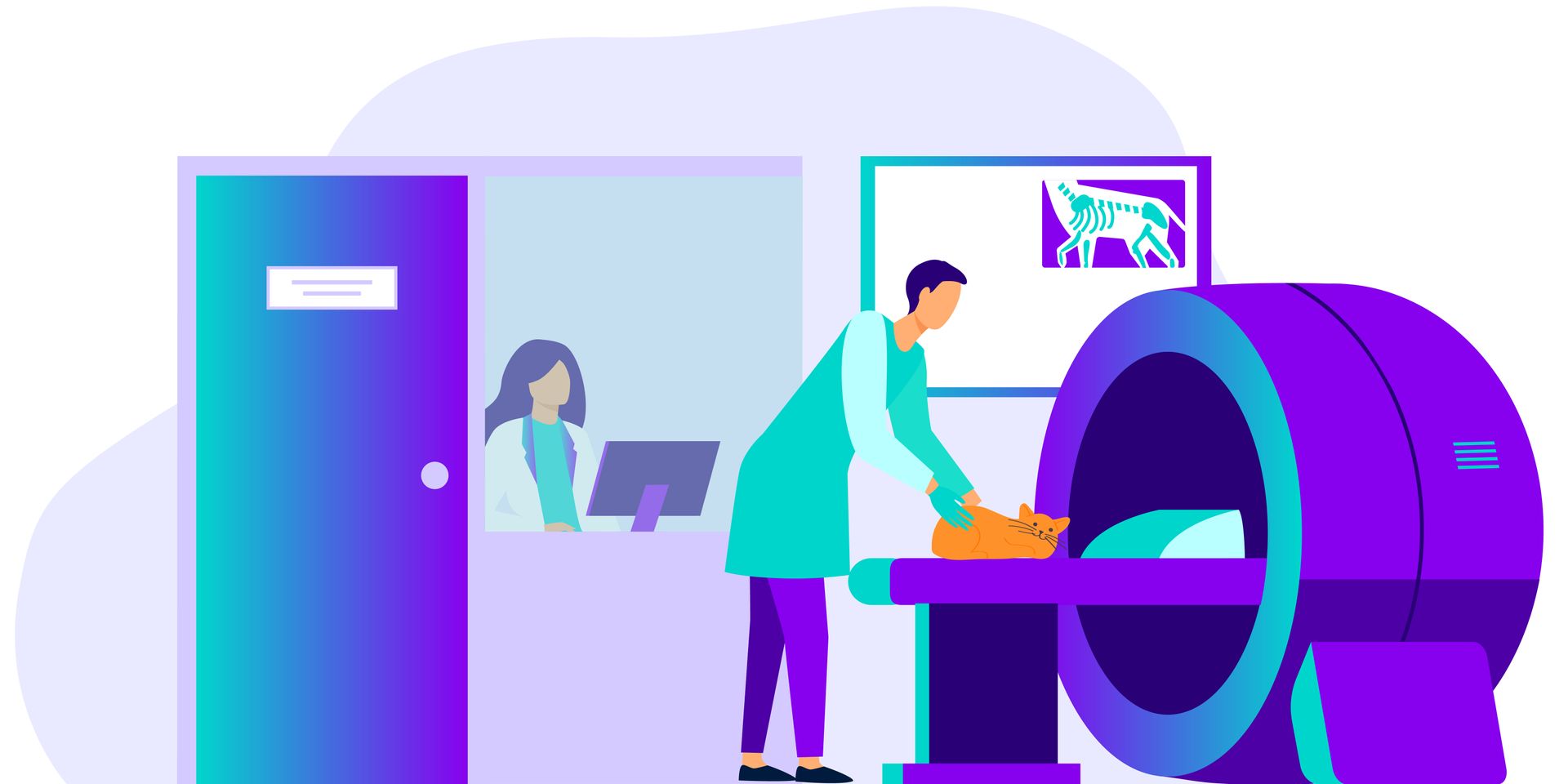 Une illustration de dessin animé d'un médecin examinant un chat avec une machine IRM.