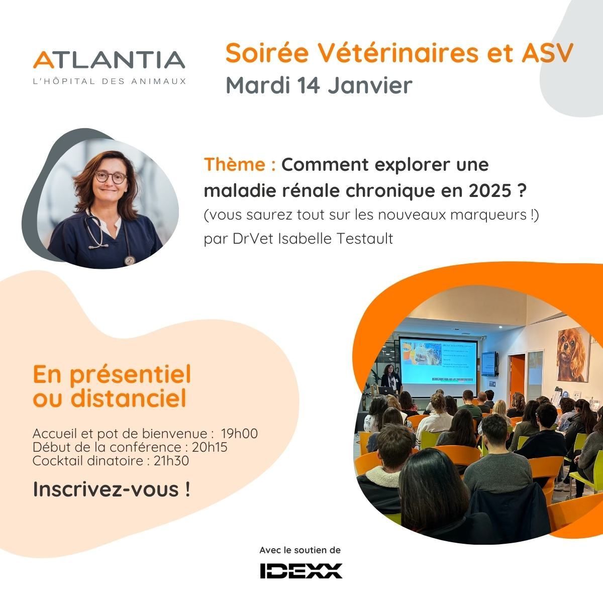 A poster for a soirée veterinaires et asv on mardi 14 janvier