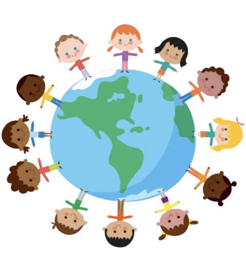 Children of diverse skin tones holding hands around a globe.