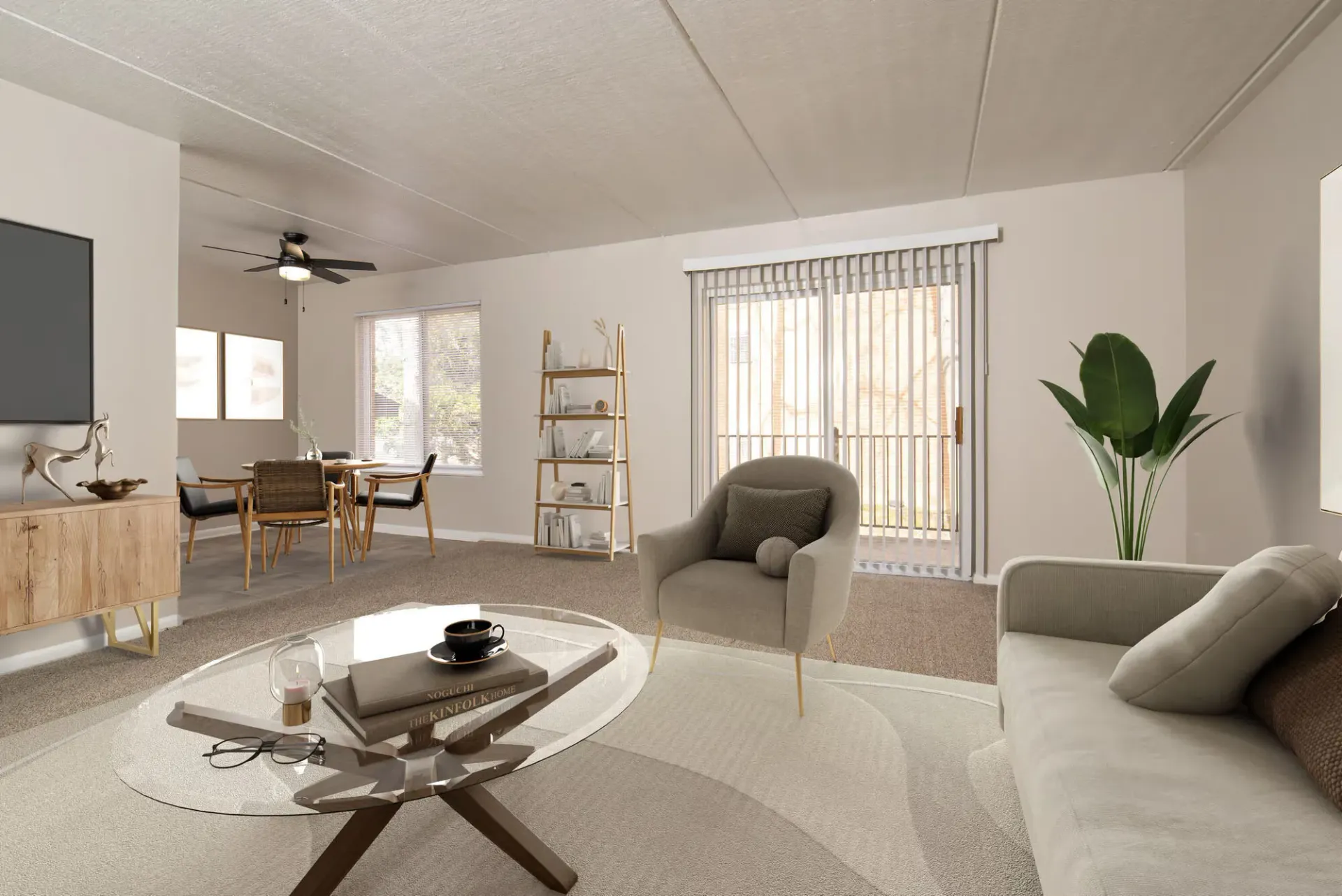 Bright apartment living room with sofa, chair, glass coffee table, TV, dining area, and sliding door with blinds at Westover Pointe in Wilmington, DE.
