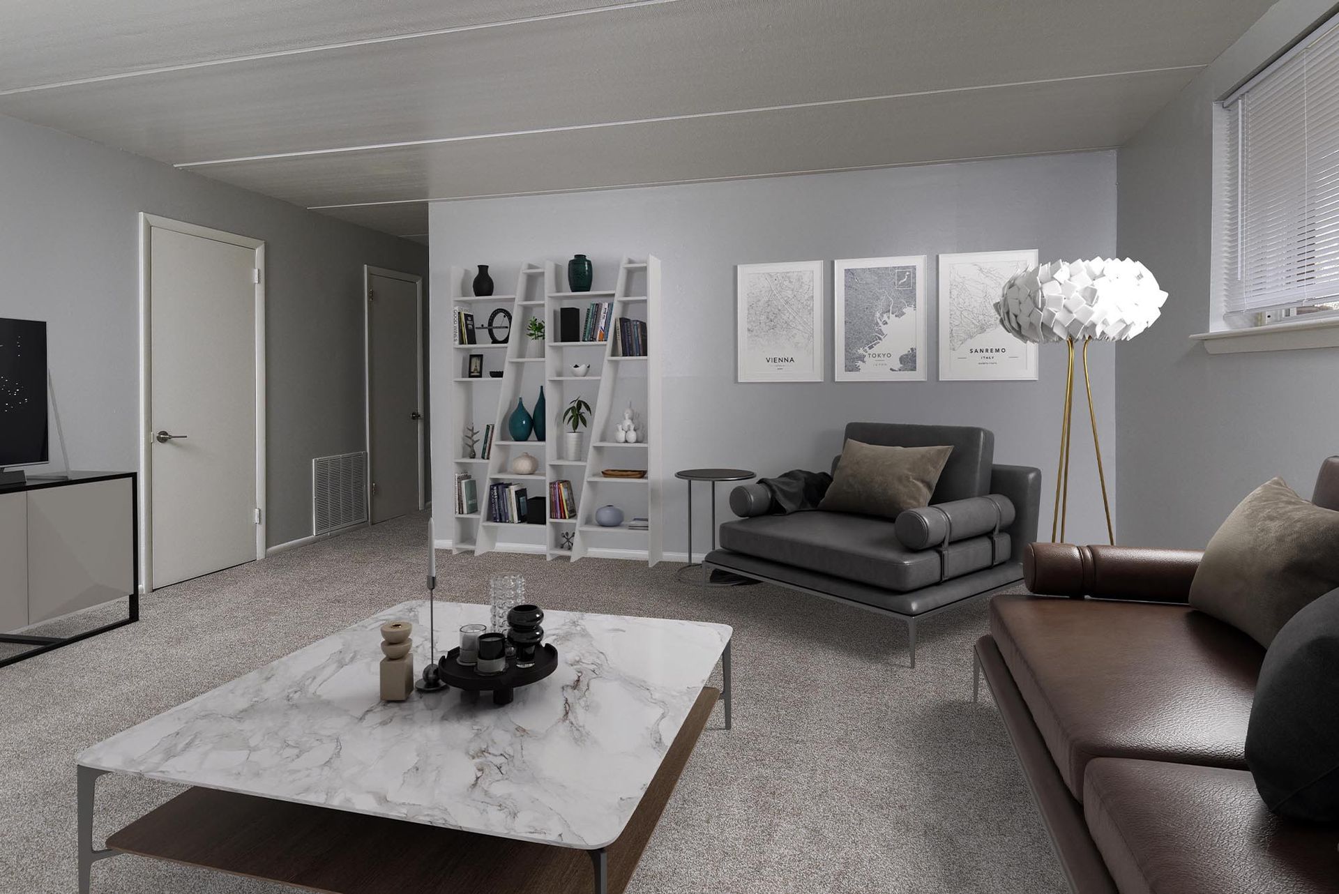 Modern apartment living room with gray walls, white shelving, and leather seating at Westover Pointe in Wilmington, DE.