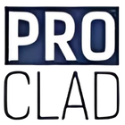 A blue and white pro clad logo on a white background