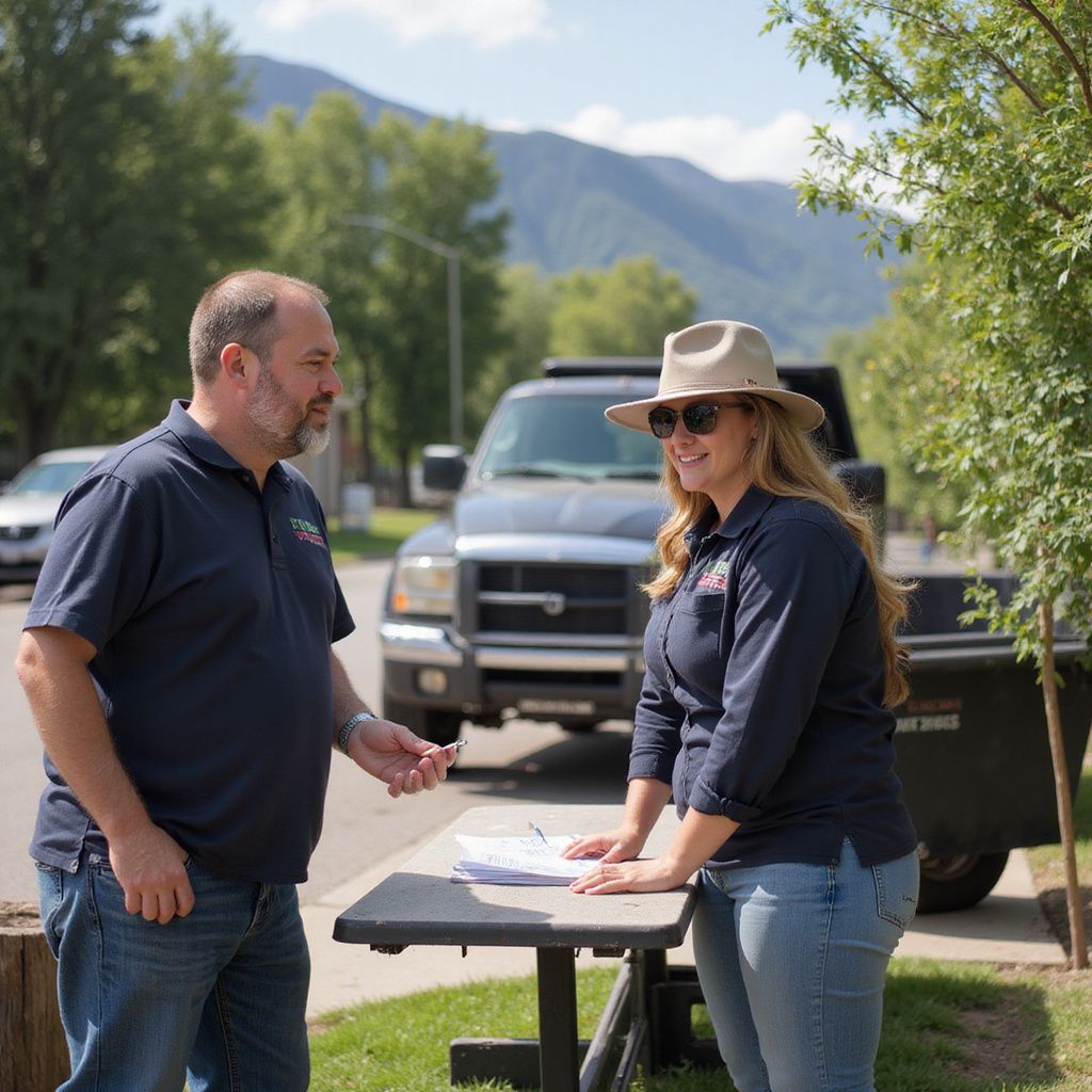 Two people in polo shirts consult documents outdoors; truck and mountains in background.