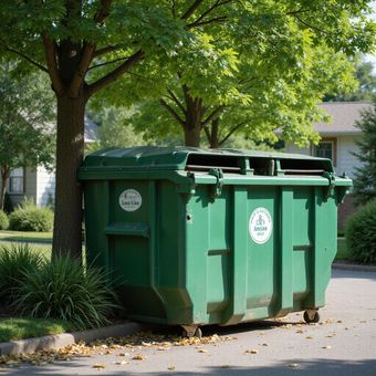 Green dumpster on wheels beside a tree on a residential street.