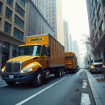 Yellow trucks on city street, tall buildings in the background.