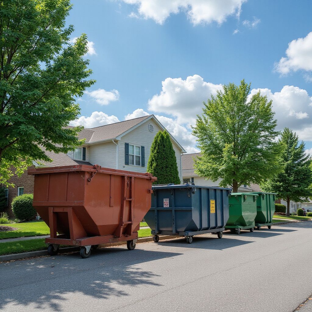 Row of dumpsters along a residential street under a blue sky.
