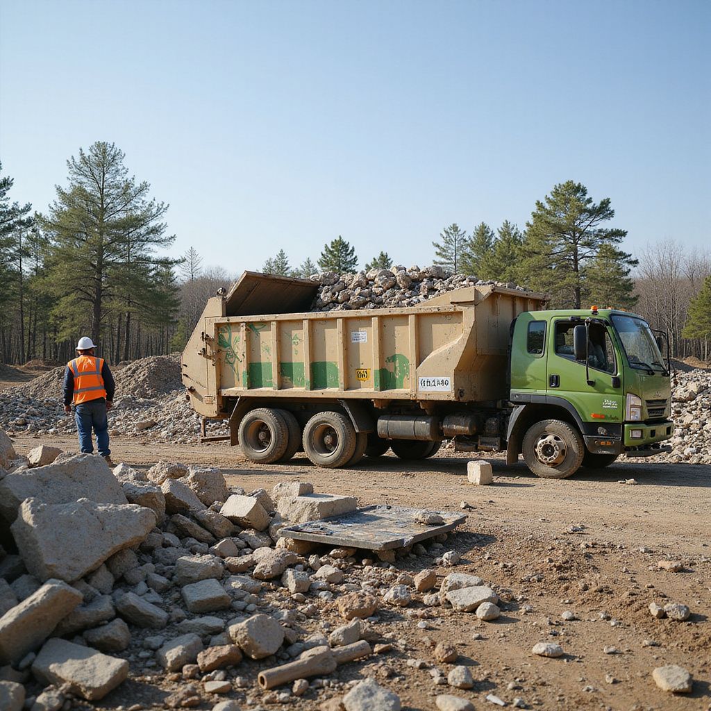 Construction site: Green dump truck loaded with rocks; worker in orange vest, looking on.