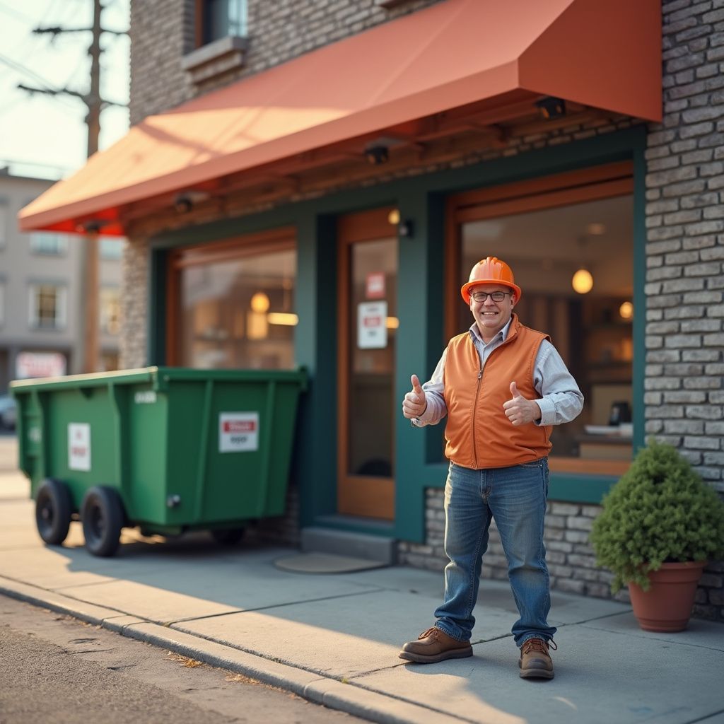 Construction worker gives thumbs up outside a business with an orange awning, green dumpster nearby.
